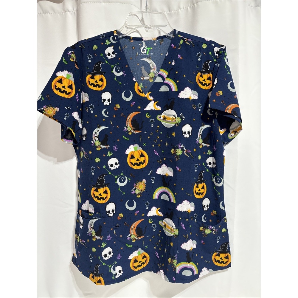 GT Performance Scrub Top Size Large Blue Halloween Overall Graphics‎ Pockets